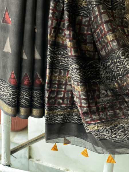 GREY HAND BLOCK PRINT CHANDERI SILK COTTON SARI