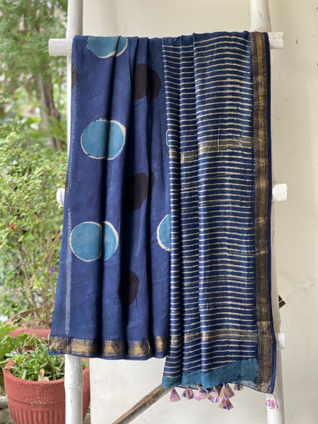INDIGO HAND BLOCK PRINT CHANDERI SILK COTTON SARI
