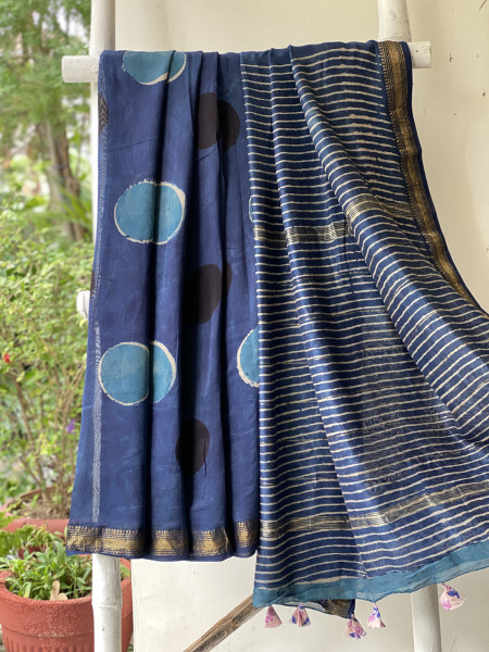 INDIGO HAND BLOCK PRINT CHANDERI SILK COTTON SARI