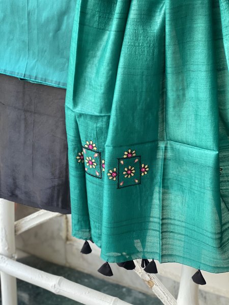 TEAL-BLACK KOSA SILK EMBROIDERED dupatta Set