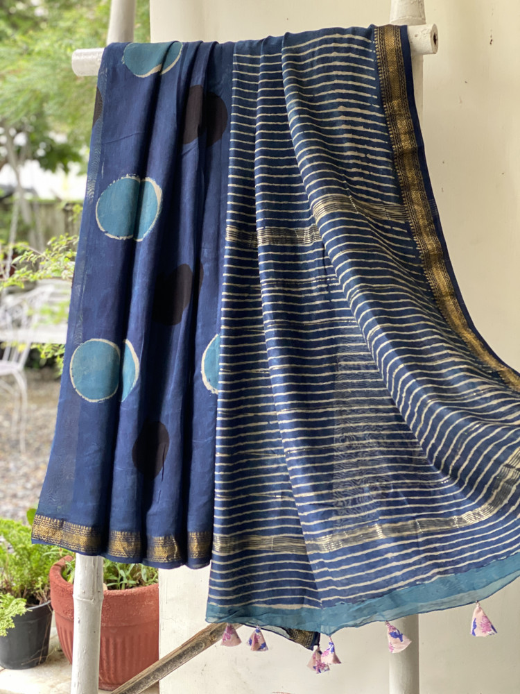 Image of INDIGO HAND BLOCK PRINT CHANDERI SILK COTTON SARI