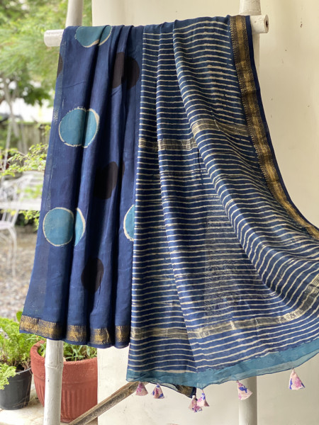 INDIGO HAND BLOCK PRINT CHANDERI SILK COTTON SARI