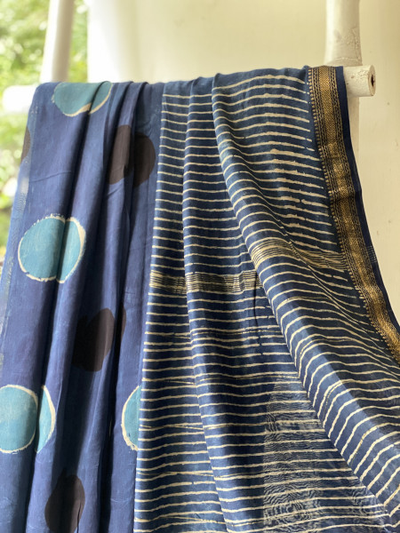 INDIGO HAND BLOCK PRINT CHANDERI SILK COTTON SARI