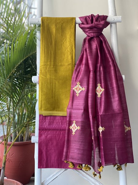 MUSTARD-WINE MASHRU-KOSA SILK EMBROIDERED dupatta Set