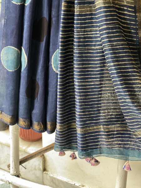 INDIGO HAND BLOCK PRINT CHANDERI SILK COTTON SARI