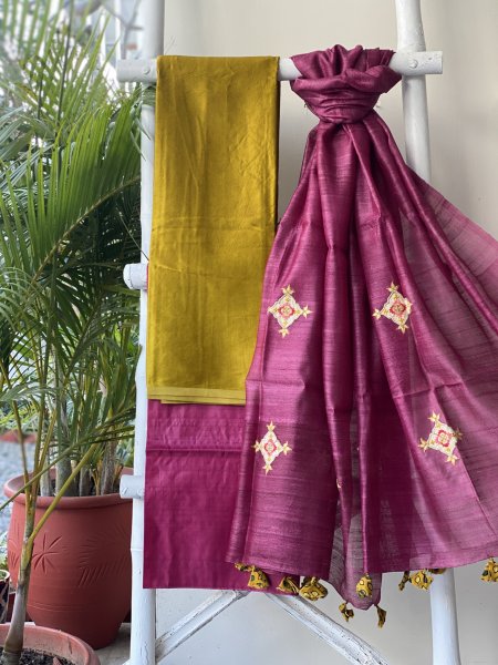 MUSTARD-WINE MASHRU-KOSA SILK EMBROIDERED dupatta Set
