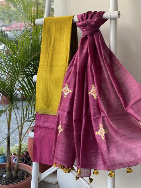 MUSTARD-WINE MASHRU-KOSA SILK EMBROIDERED dupatta Set