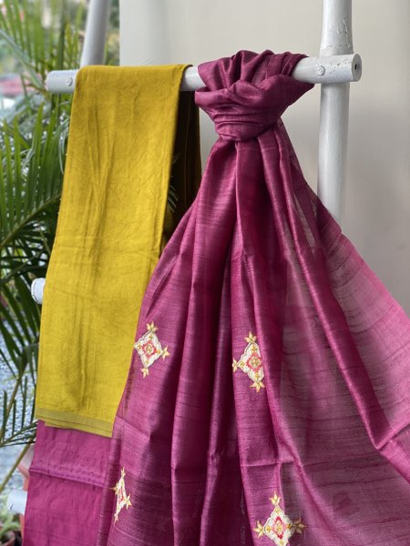 MUSTARD-WINE MASHRU-KOSA SILK EMBROIDERED dupatta Set