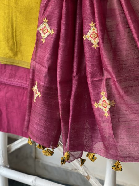 MUSTARD-WINE MASHRU-KOSA SILK EMBROIDERED dupatta Set