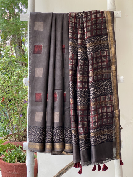 GREY HAND BLOCK PRINT CHANDERI SILK COTTON SARI