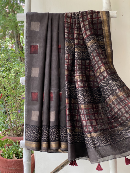 GREY HAND BLOCK PRINT CHANDERI SILK COTTON SARI