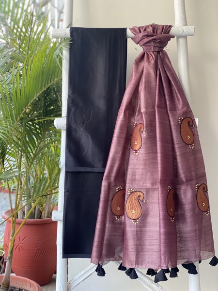 BLACK-SALMON MASHRU-KOSA SILK EMBROIDERED dupatta Set