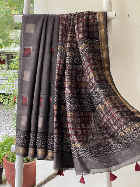 GREY HAND BLOCK PRINT CHANDERI SILK COTTON SARI