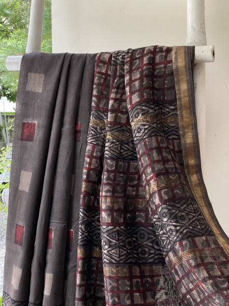 GREY HAND BLOCK PRINT CHANDERI SILK COTTON SARI