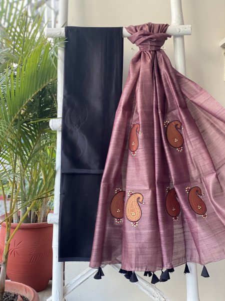 BLACK-SALMON MASHRU-KOSA SILK EMBROIDERED dupatta Set