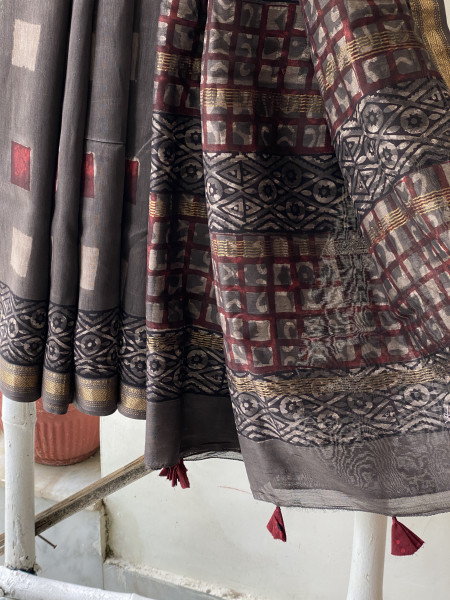 GREY HAND BLOCK PRINT CHANDERI SILK COTTON SARI