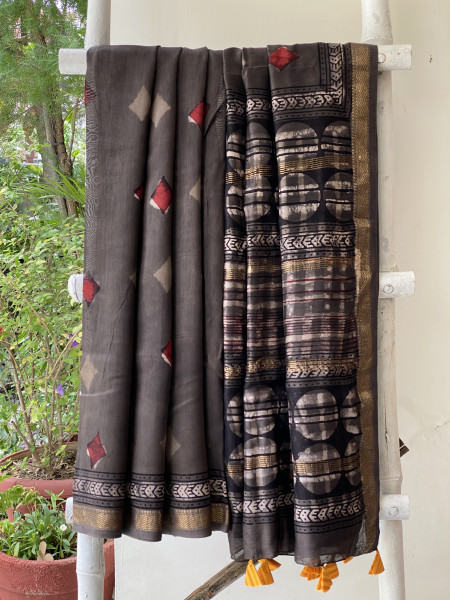 GREY HAND BLOCK PRINT CHANDERI SILK COTTON SARI