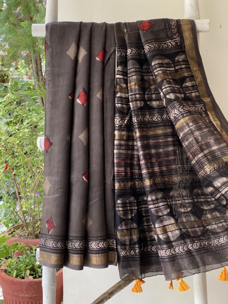 GREY HAND BLOCK PRINT CHANDERI SILK COTTON SARI