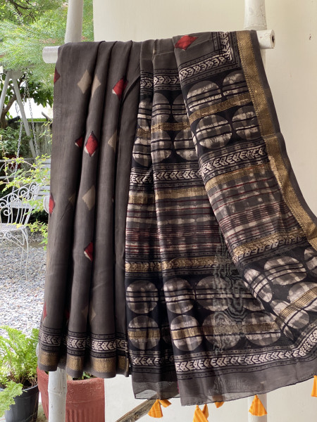GREY HAND BLOCK PRINT CHANDERI SILK COTTON SARI