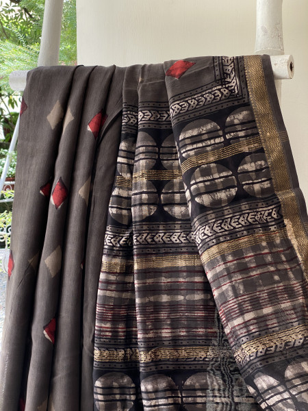 GREY HAND BLOCK PRINT CHANDERI SILK COTTON SARI