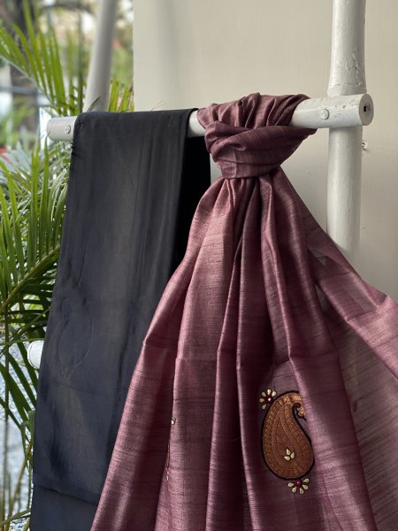 BLACK-SALMON MASHRU-KOSA SILK EMBROIDERED dupatta Set