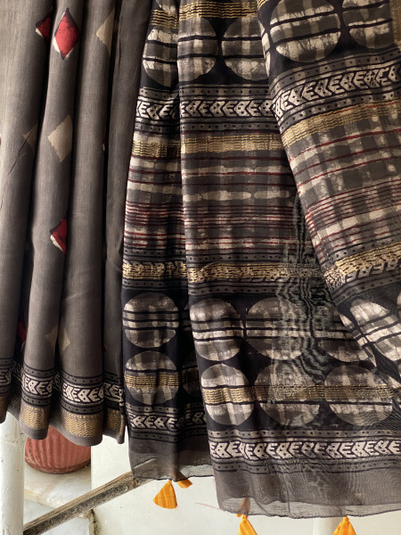 GREY HAND BLOCK PRINT CHANDERI SILK COTTON SARI