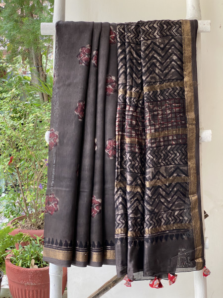 GREY HAND BLOCK PRINT CHANDERI SILK COTTON SARI