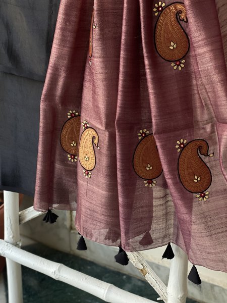 BLACK-SALMON MASHRU-KOSA SILK EMBROIDERED dupatta Set