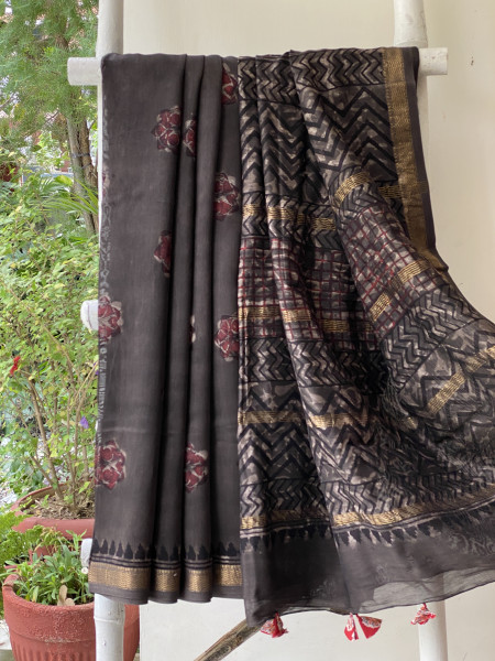 GREY HAND BLOCK PRINT CHANDERI SILK COTTON SARI
