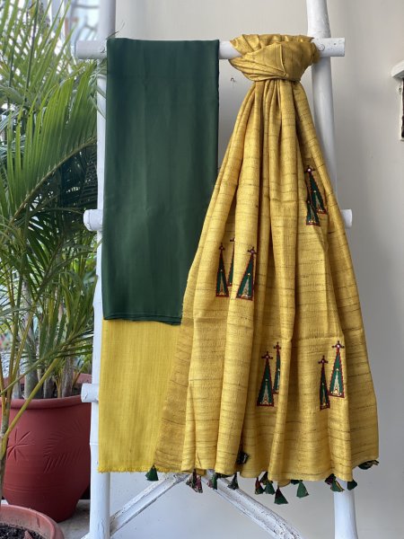 GREEN-MUSTARD MODAL-KOSA SILK EMBROIDERED dupatta Set