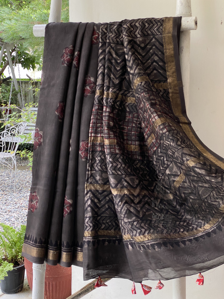 Image of GREY HAND BLOCK PRINT CHANDERI SILK COTTON SARI