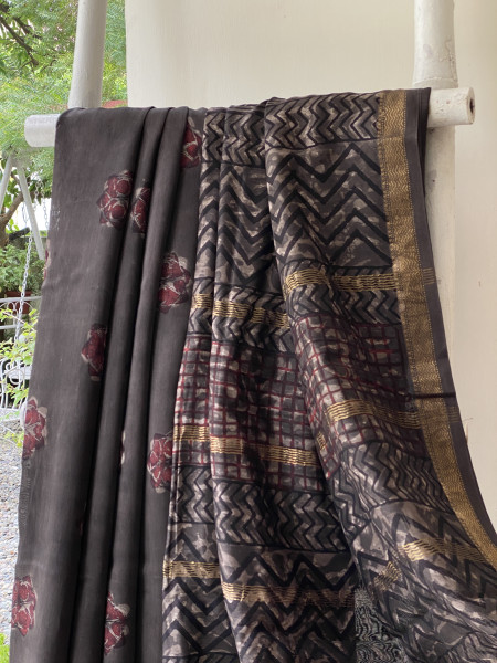GREY HAND BLOCK PRINT CHANDERI SILK COTTON SARI