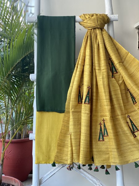 GREEN-MUSTARD MODAL-KOSA SILK EMBROIDERED dupatta Set