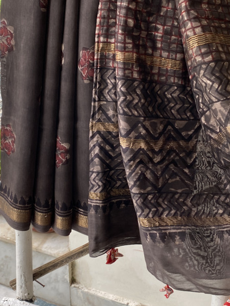 GREY HAND BLOCK PRINT CHANDERI SILK COTTON SARI