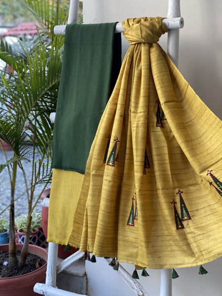 GREEN-MUSTARD MODAL-KOSA SILK EMBROIDERED dupatta Set