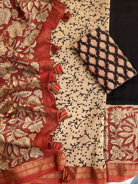 BLACK HAND BLOCK PRINT CHANDERI SILK COTTON SARI