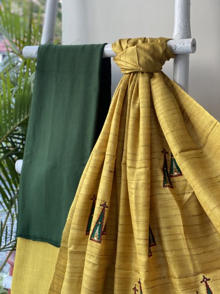 GREEN-MUSTARD MODAL-KOSA SILK EMBROIDERED dupatta Set