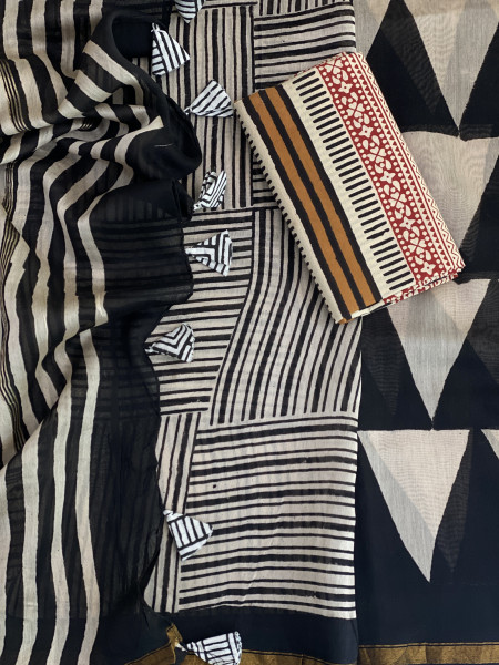 BLACK-OFF WHITE HAND BLOCK PRINT CHANDERI SILK COTTON SARI