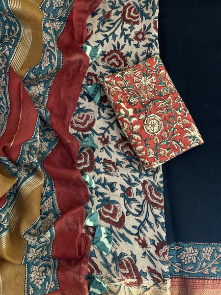 BLACK HAND BLOCK PRINT CHANDERI SILK COTTON SARI