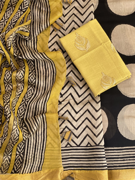 BLACK-OFF WHITE HAND BLOCK PRINT CHANDERI SILK COTTON SARI