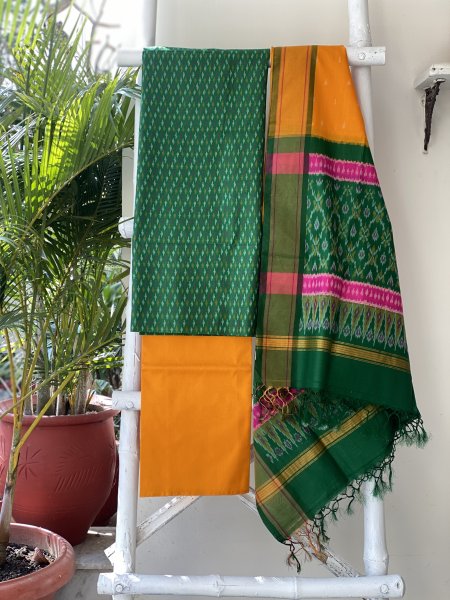 GREEN-YELLOW WOVEN IKKAT PURE SILK dupatta Set