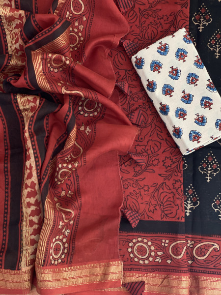 BLACK-MAROON HAND BLOCK PRINT CHANDERI SILK COTTON SARI
