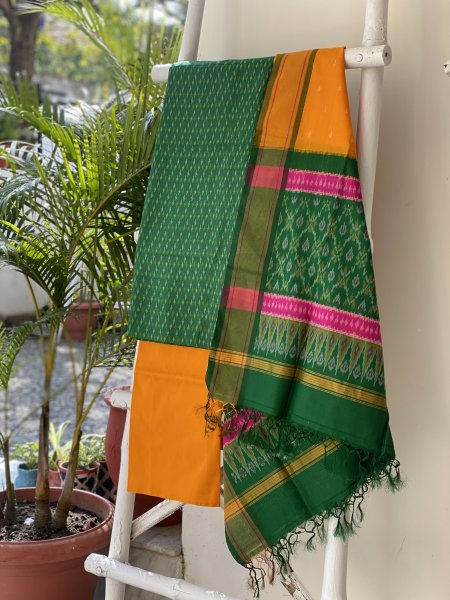 GREEN-YELLOW WOVEN IKKAT PURE SILK dupatta Set