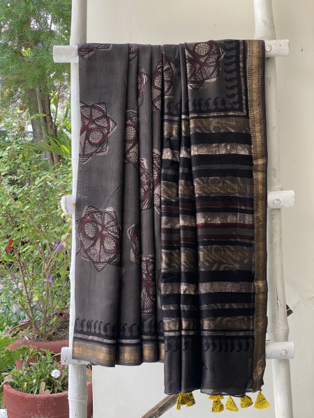 GREY HAND BLOCK PRINT CHANDERI SILK COTTON SARI