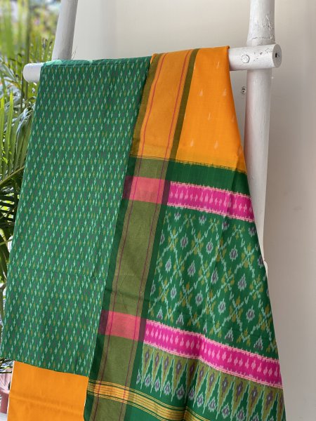 GREEN-YELLOW WOVEN IKKAT PURE SILK dupatta Set