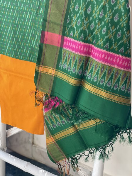 GREEN-YELLOW WOVEN IKKAT PURE SILK dupatta Set