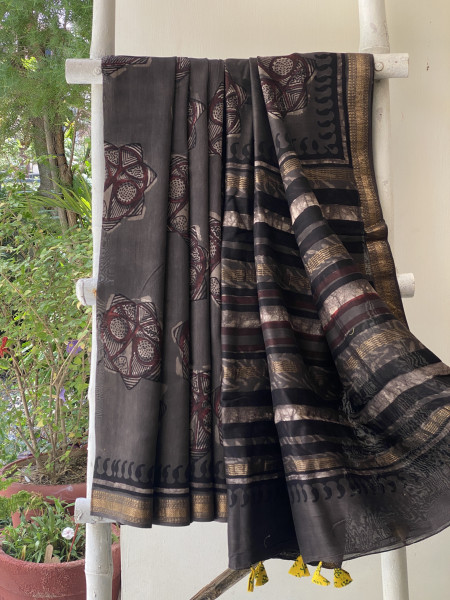 GREY HAND BLOCK PRINT CHANDERI SILK COTTON SARI