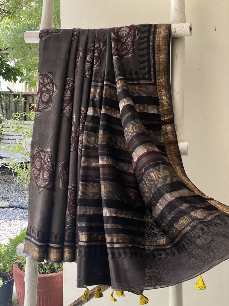 Image of GREY HAND BLOCK PRINT CHANDERI SILK COTTON SARI