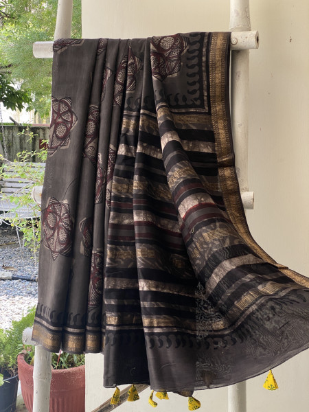 GREY HAND BLOCK PRINT CHANDERI SILK COTTON SARI