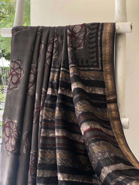 GREY HAND BLOCK PRINT CHANDERI SILK COTTON SARI